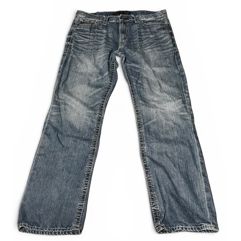 Express Blake Loose Fit Boot Cut Mens Jeans 38x34 Blue Distressed Denim